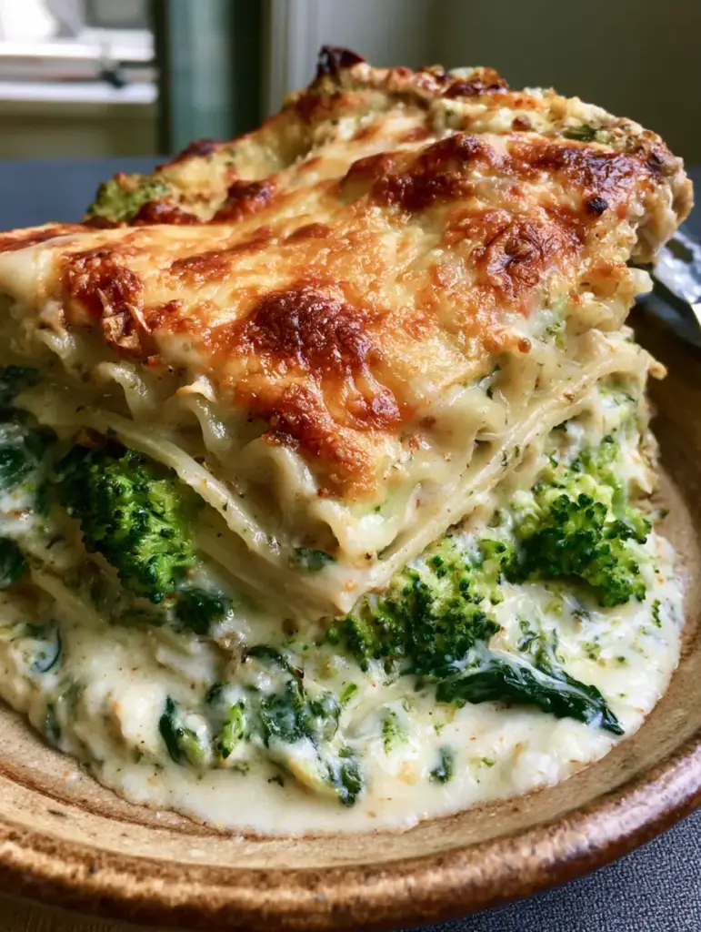 Vegetable White Lasagna with Roasted Broccoli and Velvety Béchamel 2 Side view of vegetable white lasagna showing distinct layers of Béchamel, spinach, and roasted broccoli.