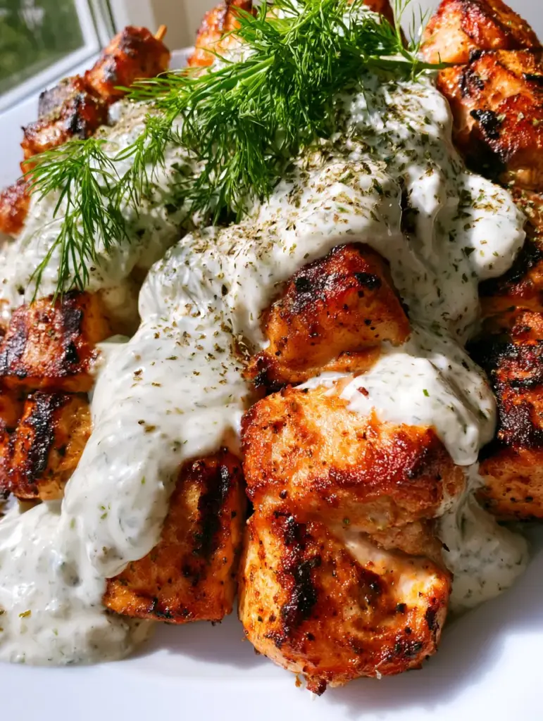 Chicken Kabobs with Creamy Homemade Dill Ranch (Air Fryer Recipe) 1 Extreme close-up of chicken kabobs glistening with a thick creamy ranch sauce and fresh green dill.