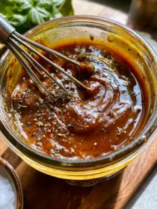 High-angle shot of a glossy balsamic vinaigrette inside a glass jar with golden sunlight highlights. (balsamic vinaigrette)
