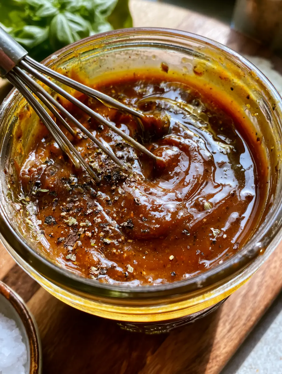 High-angle shot of a glossy balsamic vinaigrette inside a glass jar with golden sunlight highlights. (balsamic vinaigrette)