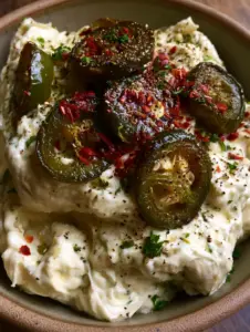 Extreme close-up of thick jalapeño cream cheese dip with glistening charred peppers and coarse black pepper.