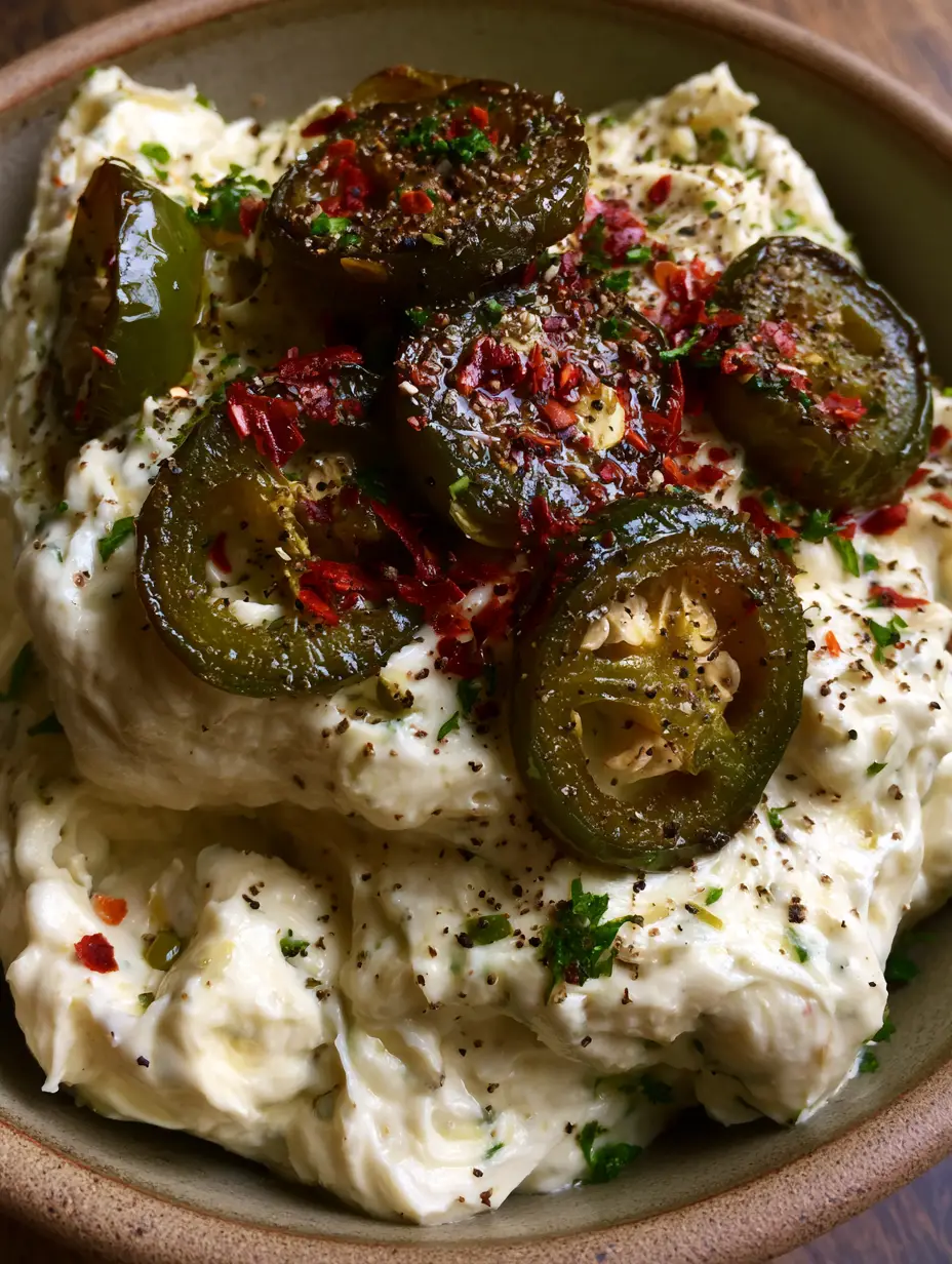 Jalapeño Cream Cheese Dip: The Ultimate Whipped Cowboy Appetizer 3 Extreme close-up of thick jalapeño cream cheese dip with glistening charred peppers and coarse black pepper.
