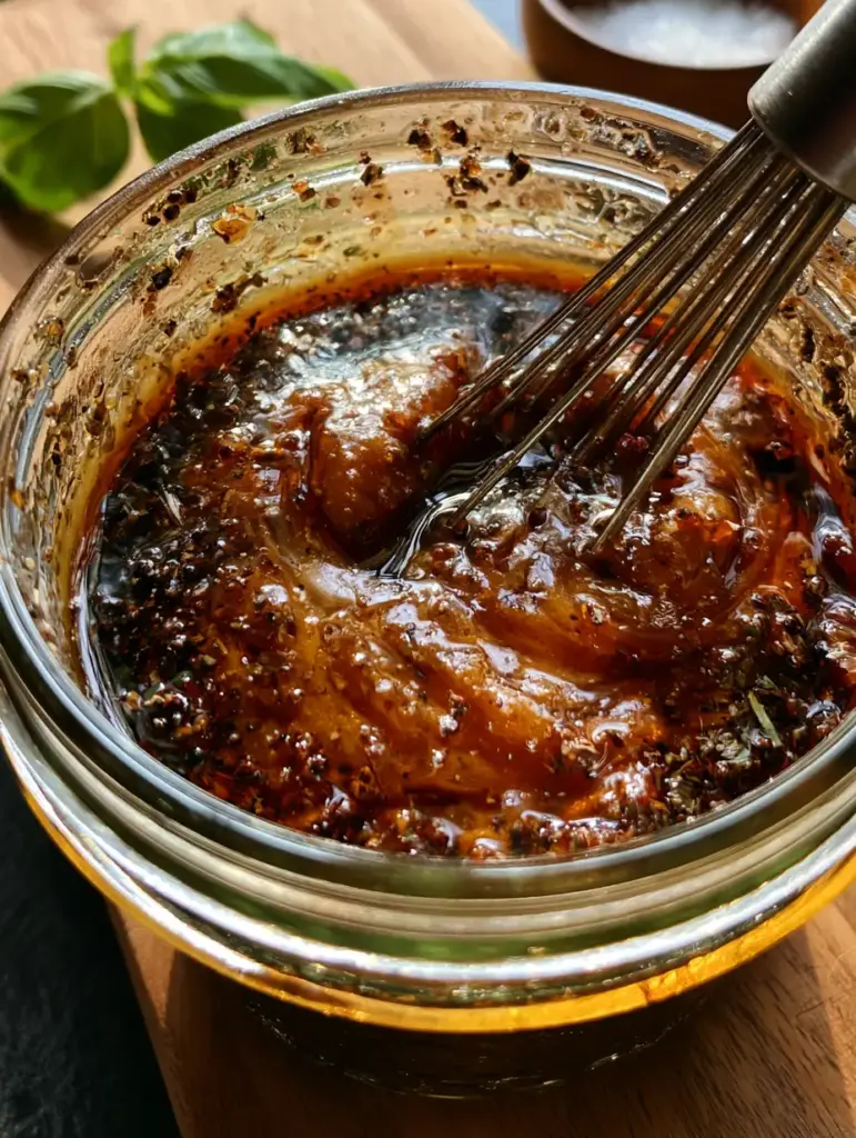 A stainless steel whisk creating a creamy swirl of dark balsamic and olive oil in a jar. (balsamic vinaigrette)
