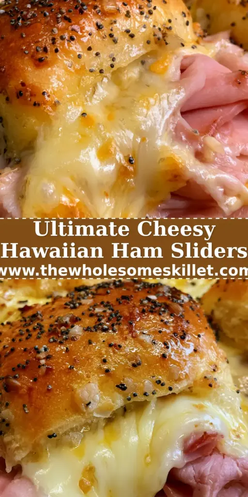 Ham and Swiss Sliders with a Golden Poppy Seed Glaze 4 A top-down view of golden-brown ham and swiss sliders in a white ceramic baking pan with poppy seeds and melted glaze.