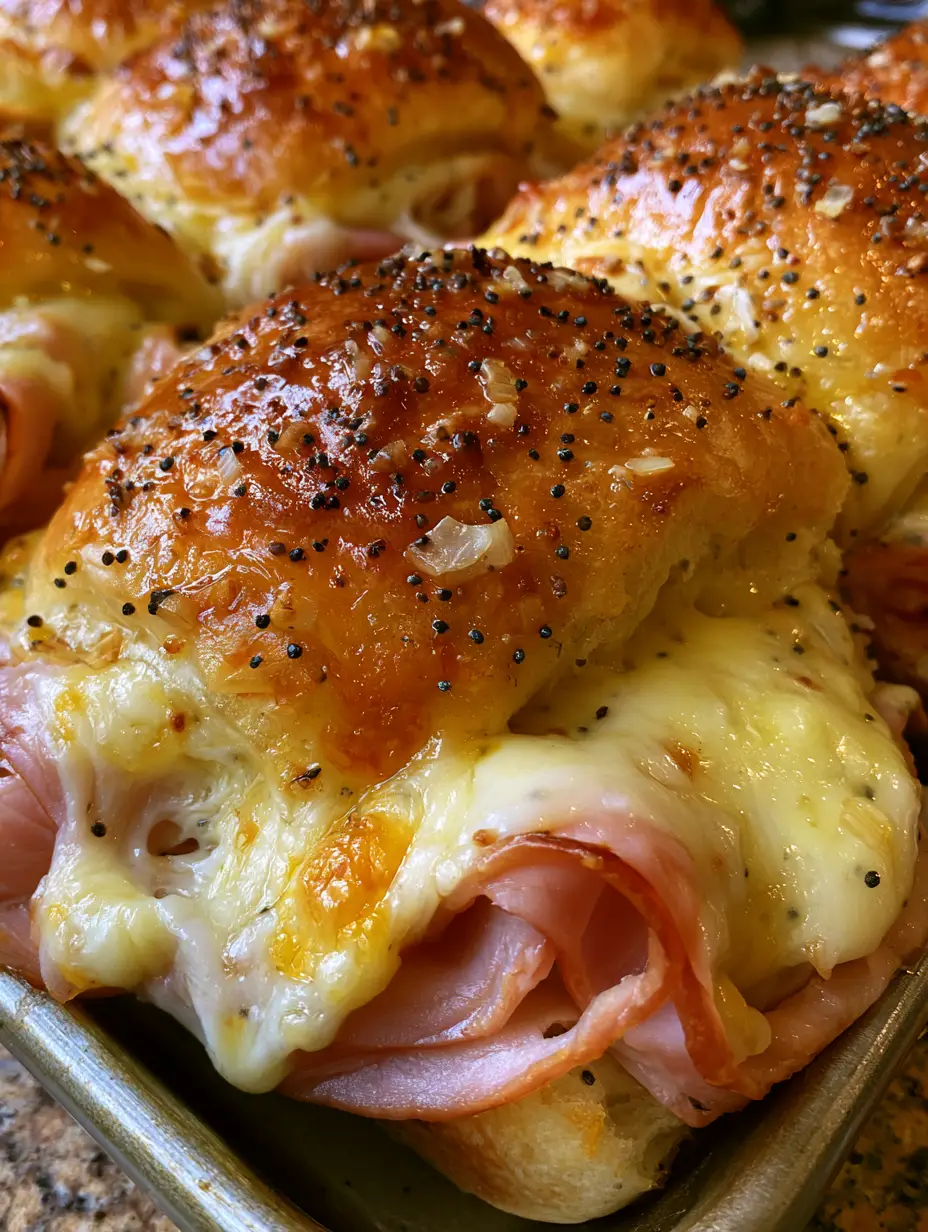 Ham and Swiss Sliders with a Golden Poppy Seed Glaze 3 Close-up handheld photo of ham and swiss sliders showing gooey melted cheese and thin ham layers.