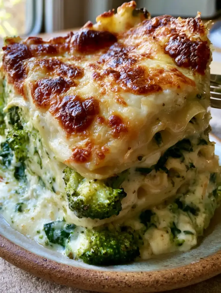 Vegetable White Lasagna with Roasted Broccoli and Velvety Béchamel 1 Close up of the golden-brown bubbly cheese crust on a vegetable white lasagna.