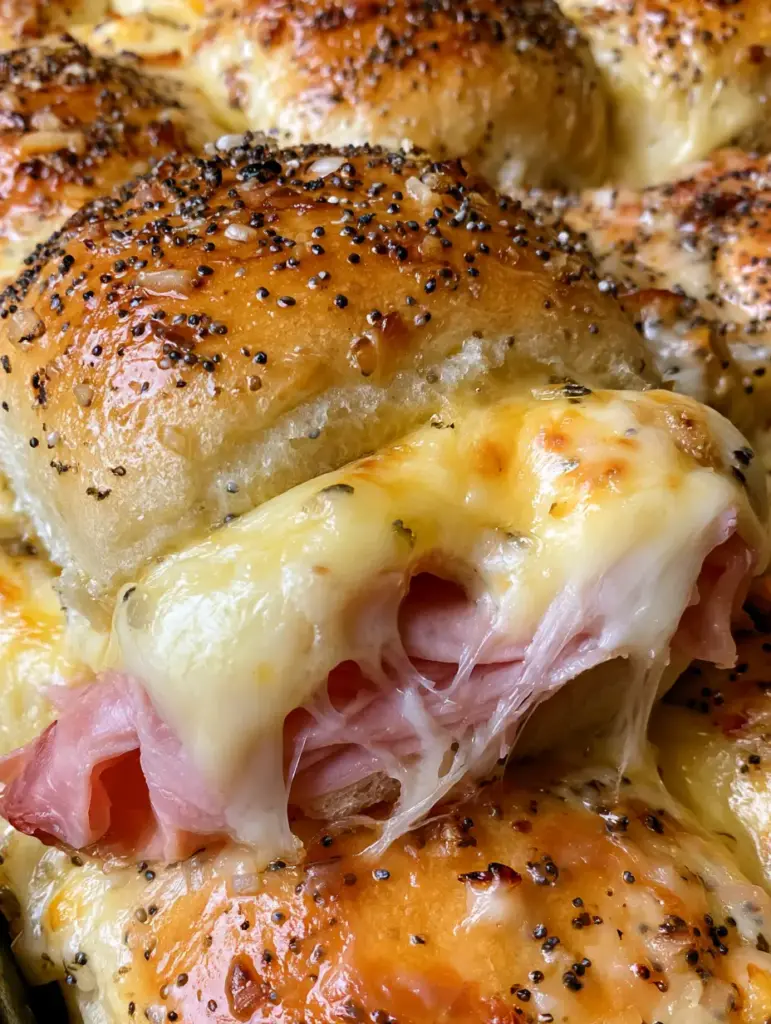 Ham and Swiss Sliders with a Golden Poppy Seed Glaze 1 Side view of glazed ham and swiss sliders with visible poppy seeds and toasted onion bits on golden rolls.