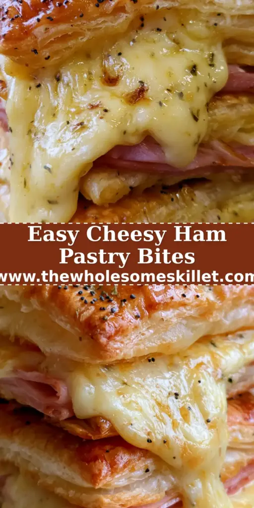 A tall stack of ham and cheese pastry squares with gooey Gruyere oozing out and poppy seeds on top.
