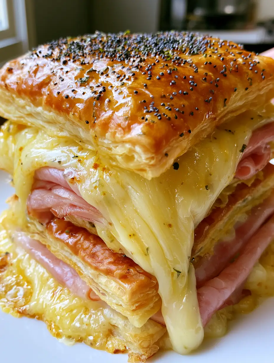 Extreme macro close-up of ham and cheese pastry showing flaky buttery layers and melted cheese. (ham and cheese pastry)
