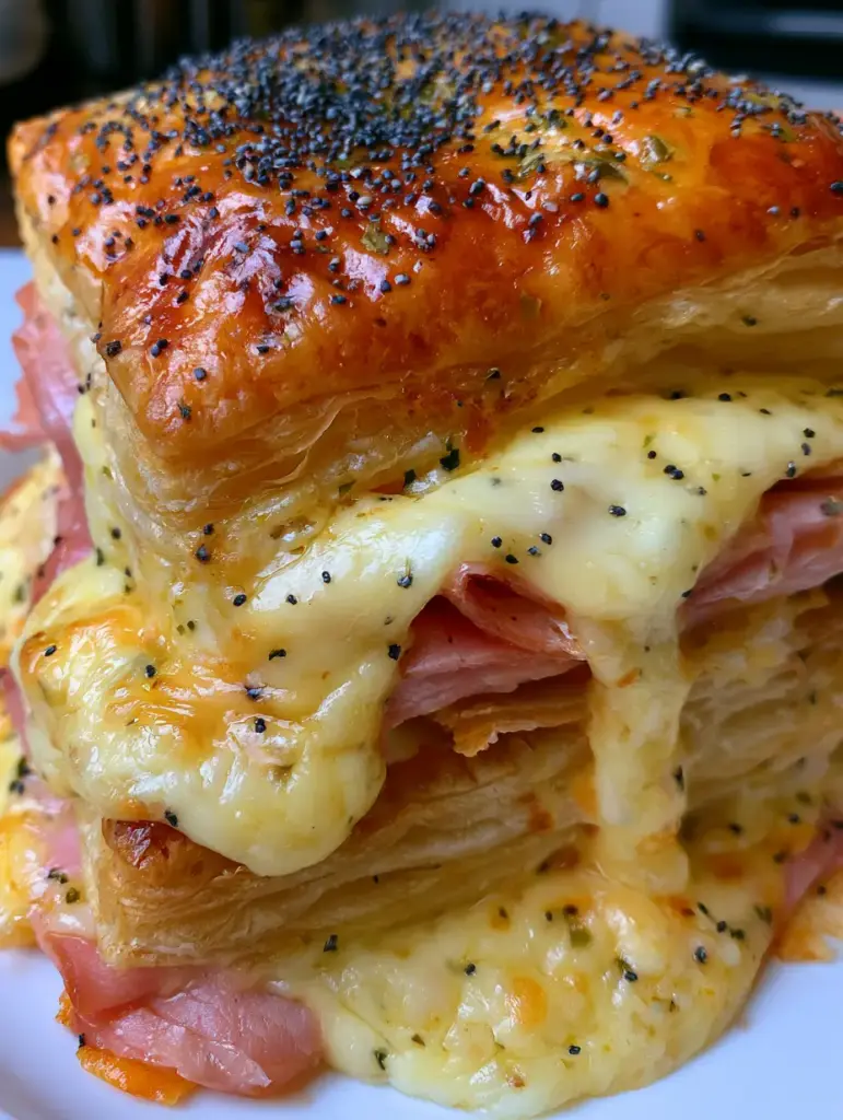 A handheld photo of a ham and cheese pastry with gooey Gruyere cheese and poppy seeds. (ham and cheese pastry)