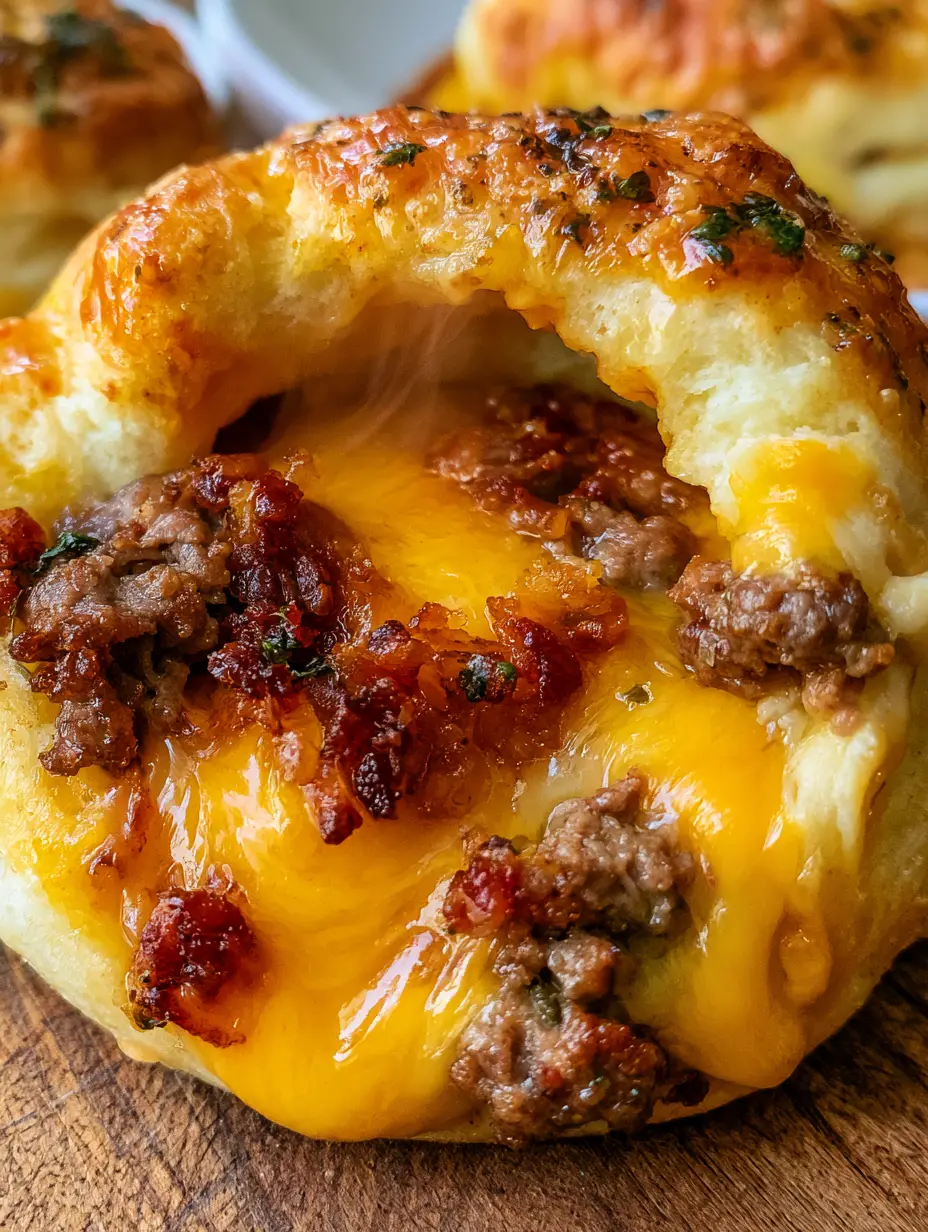 Cheeseburger Stuffed Biscuits with Garlic Herb Butter and Crispy Bacon 3 Extreme close-up of a cheeseburger stuffed biscuit being pulled apart to reveal melting yellow cheddar, bacon, and ground beef. (cheeseburger stuffed biscuits)