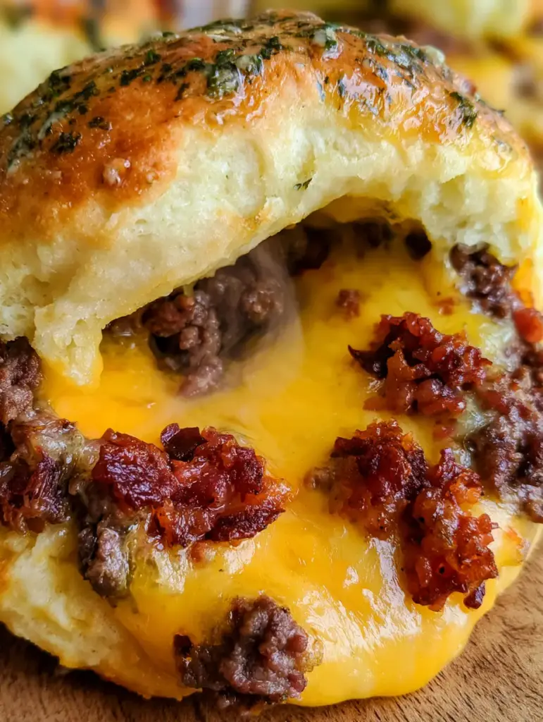 Cheeseburger Stuffed Biscuits with Garlic Herb Butter and Crispy Bacon 1 Two golden-brown cheeseburger stuffed biscuits with shimmering garlic herb glaze and dried parsley garnish on a wooden surface.