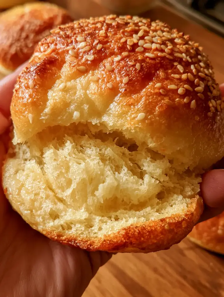 Low Carb Burger Buns: The Ultimate Fluffy Keto Bread Recipe 1 Top-down view of low carb burger buns with a shiny egg wash glaze and toasted white sesame seeds.