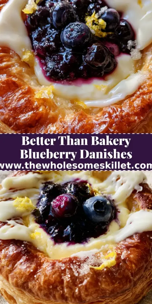 Lemon Blueberry Danishes with Flaky Puff Pastry and Cream Cheese filling 4 A close-up 45-degree angle shot of lemon blueberry danishes on a rustic napkin with thick white icing and sparkling sugar.