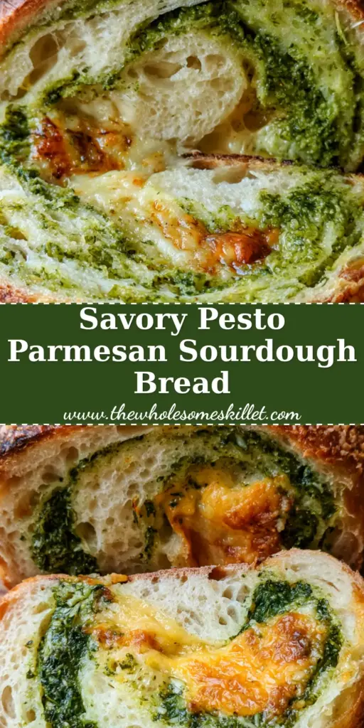 A close-up vertical shot of a sliced pesto parmesan sourdough loaf showing emerald green swirls and melted cheese pockets.