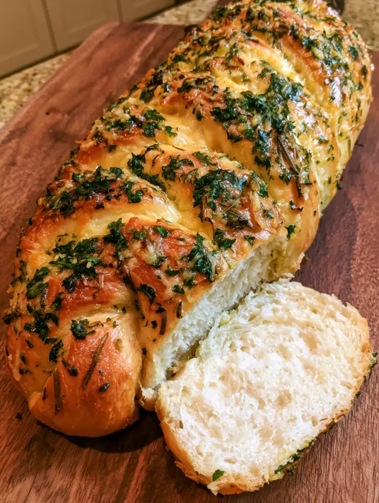 Garlic Parmesan Herb Loaf: The Ultimate Braided Artisan Bread 1 High angle shot of a sliced garlic parmesan herb loaf showing a soft, white interior crumb and steaming steam.