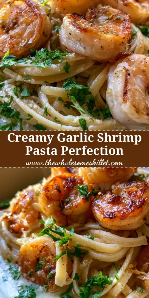 A steaming bowl of shrimp linguine with golden-brown seared shrimp, velvety white garlic sauce, and fresh green parsley. (shrimp linguine)