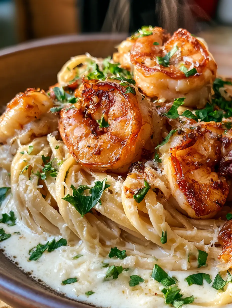 Close-up of shrimp linguine showing the golden-brown crispy edges of the shrimp and the rich white sauce pooling at the bottom. (shrimp linguine)