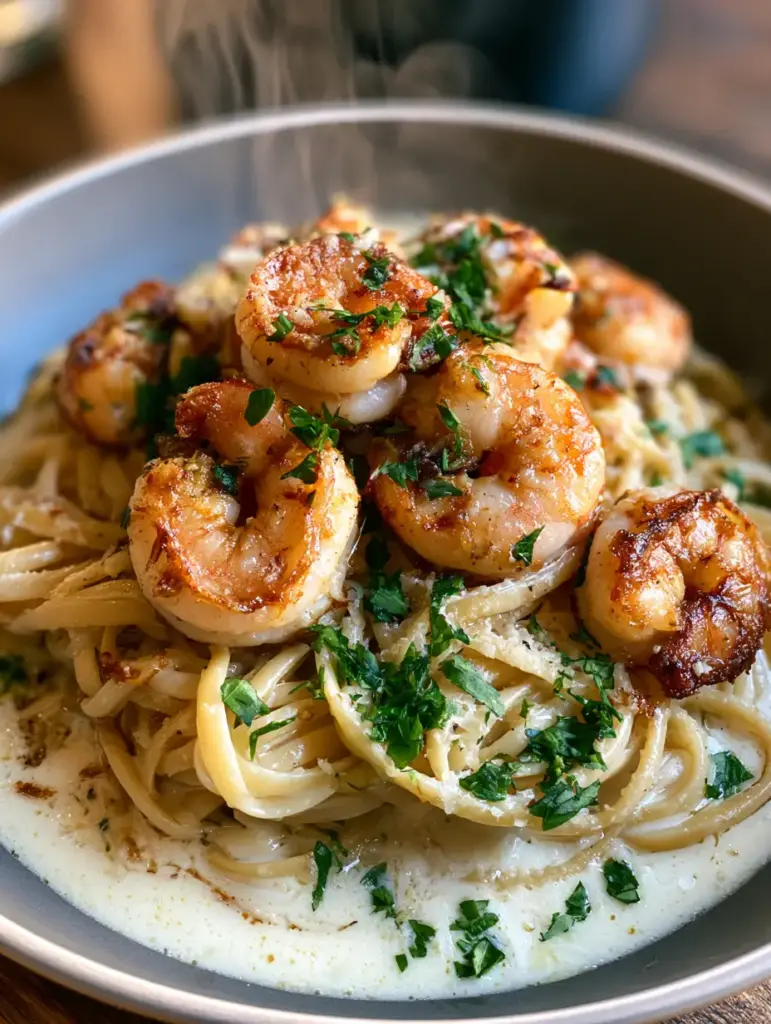 A slightly elevated shot of a bowl of shrimp linguine with steam rising and vibrant parsley garnish.