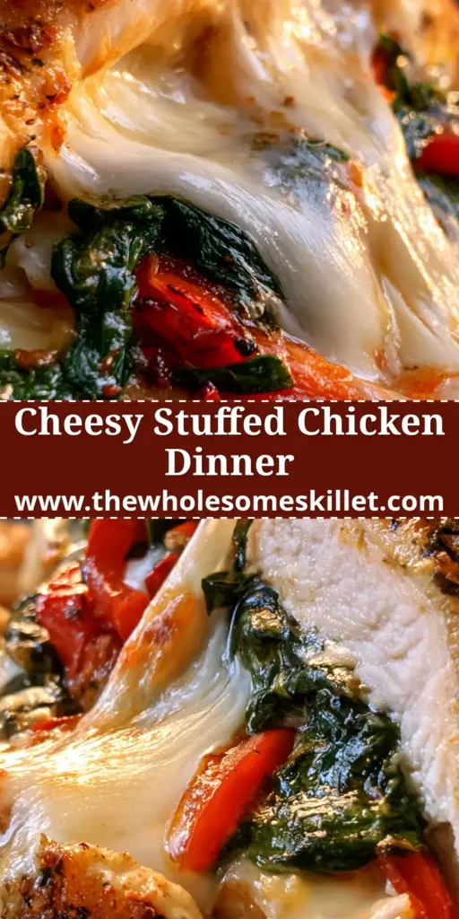 Stuffed Chicken Breast with Molten Mozzarella, Roasted Peppers, and Spinach 4 Close-up of a sliced stuffed chicken breast showing a dramatic mozzarella cheese pull with red peppers and spinach. (stuffed chicken breast)