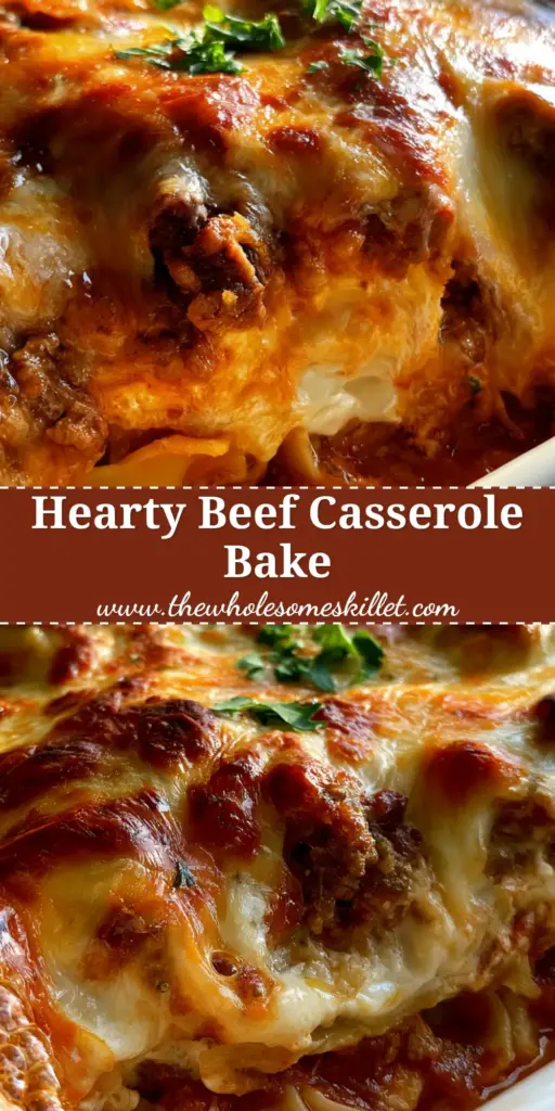 A bubbling beef casserole in a white ceramic dish with melted mozzarella and cheddar cheese, garnished with parsley.