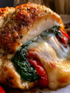 A golden-brown, herb-crusted stuffed chicken breast sliced to show melting mozzarella and roasted peppers. (stuffed chicken breast)