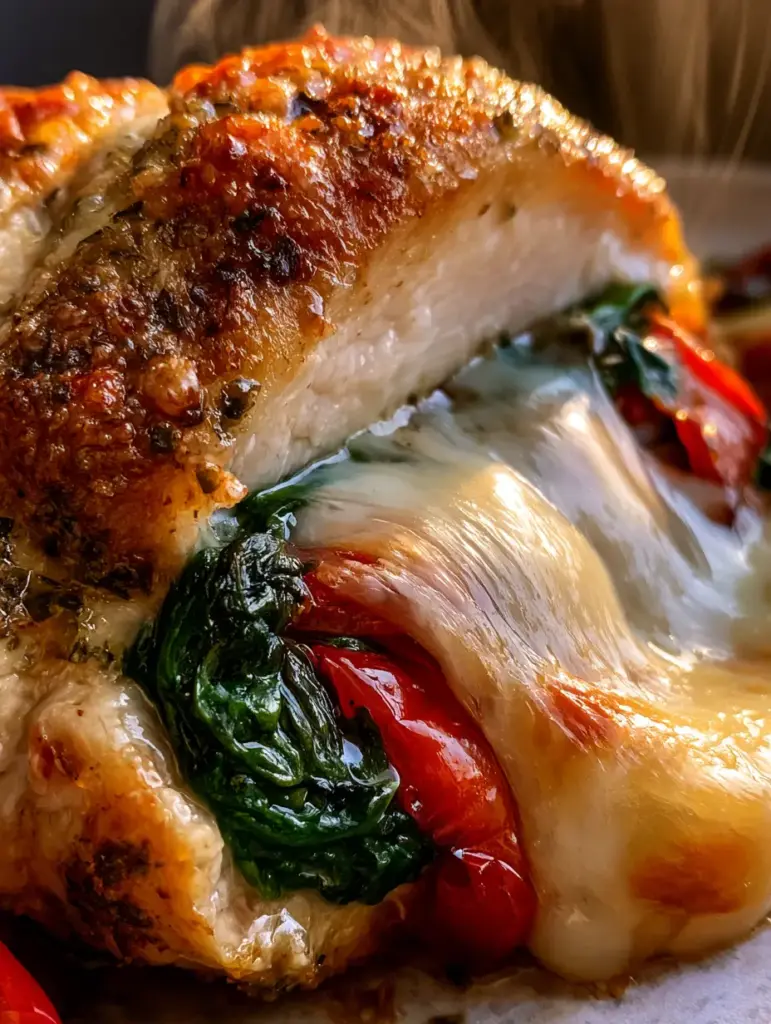 Stuffed Chicken Breast with Molten Mozzarella, Roasted Peppers, and Spinach 2 A golden-brown, herb-crusted stuffed chicken breast sliced to show melting mozzarella and roasted peppers. (stuffed chicken breast)