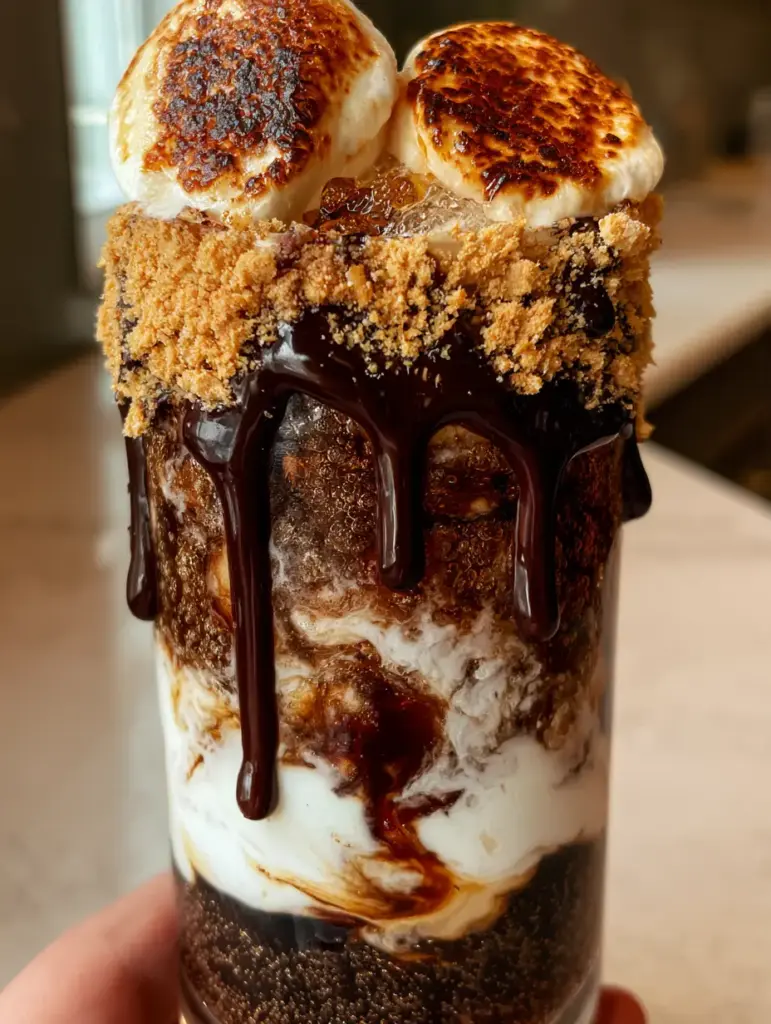 Close up shot of a smores dirty soda showing the coconut cream marbling and pebble ice. (smores dirty soda)