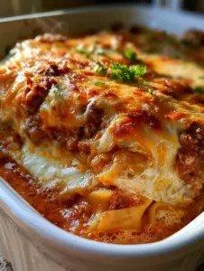 Extreme close-up of a beef casserole showing golden-brown cheese crust and vibrant red tomato sauce layers.
