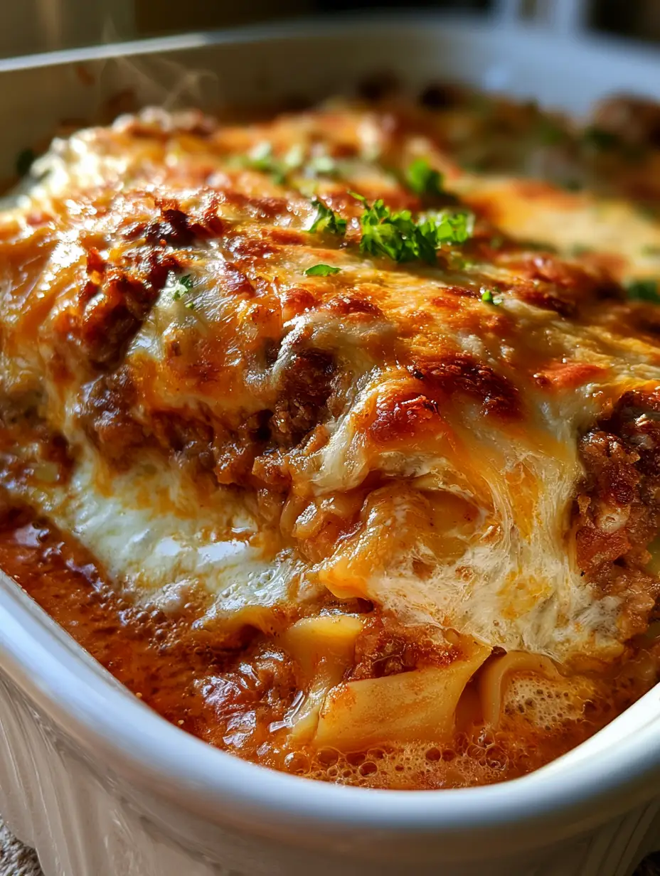 Extreme close-up of a beef casserole showing golden-brown cheese crust and vibrant red tomato sauce layers.