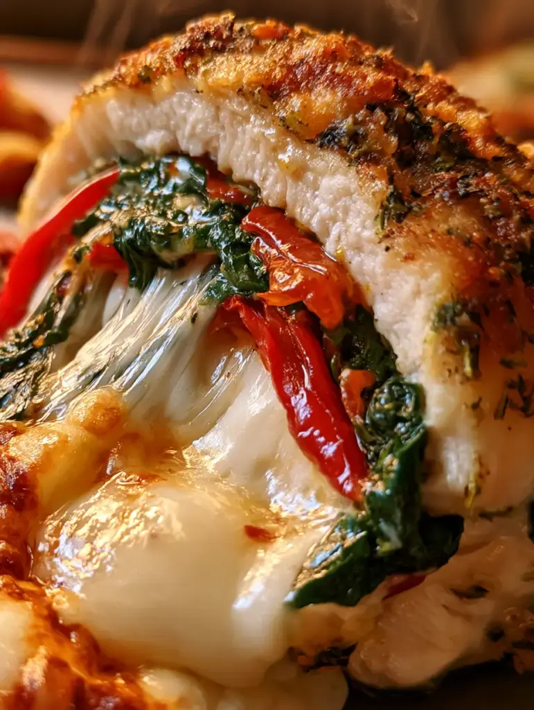Stuffed Chicken Breast with Molten Mozzarella, Roasted Peppers, and Spinach 1 Extreme close-up of juicy stuffed chicken breast with visible steam and gooey cheese. (stuffed chicken breast)