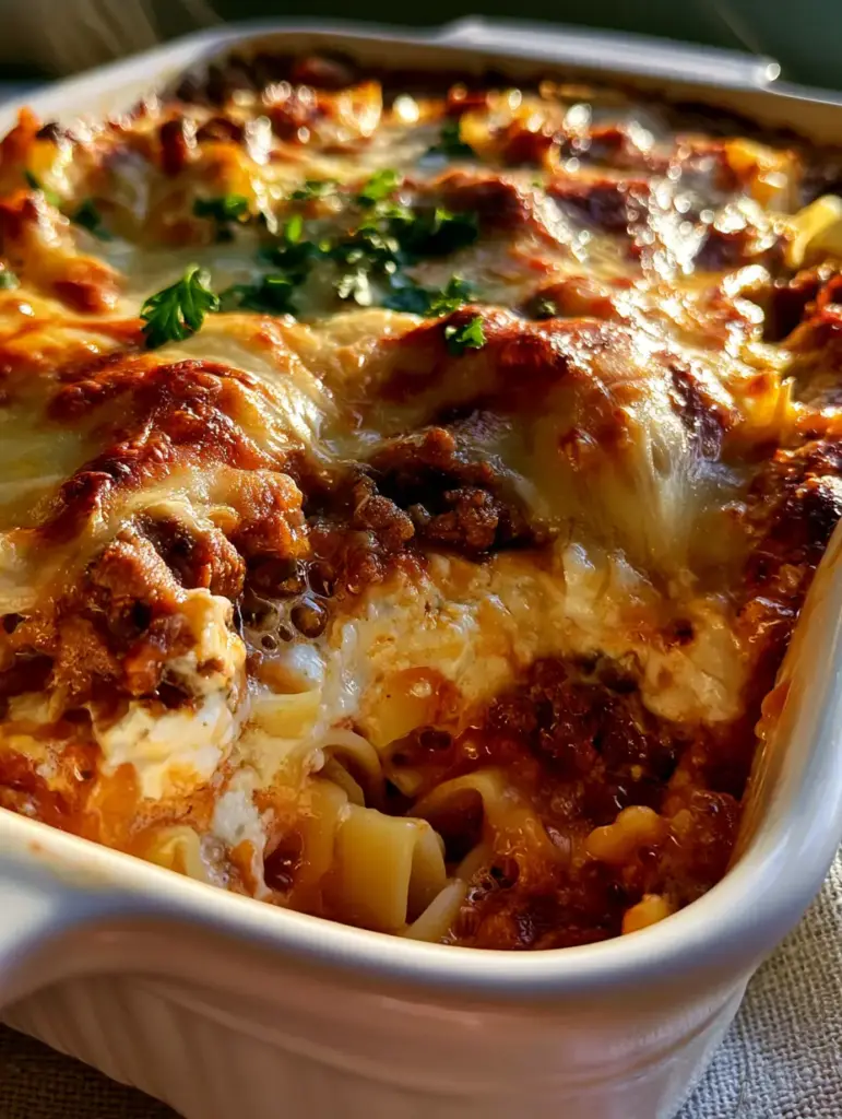 A close-up of a beef casserole showing stretchy mozzarella and seasoned ground beef under a golden cheese layer.