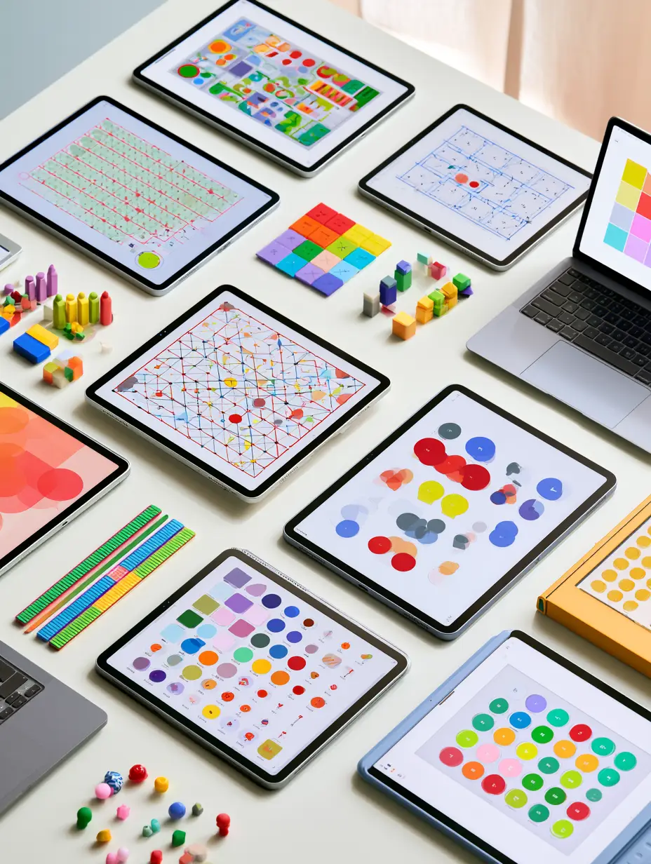 Close up of digital screens showing colorful virtual math manipulatives used as inspiration for an edible snack board. (math manipulatives)