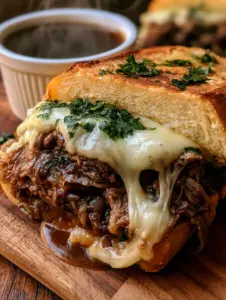 Extreme close-up of french dip sandwiches showing juicy shredded beef and bubbly melted provolone cheese.