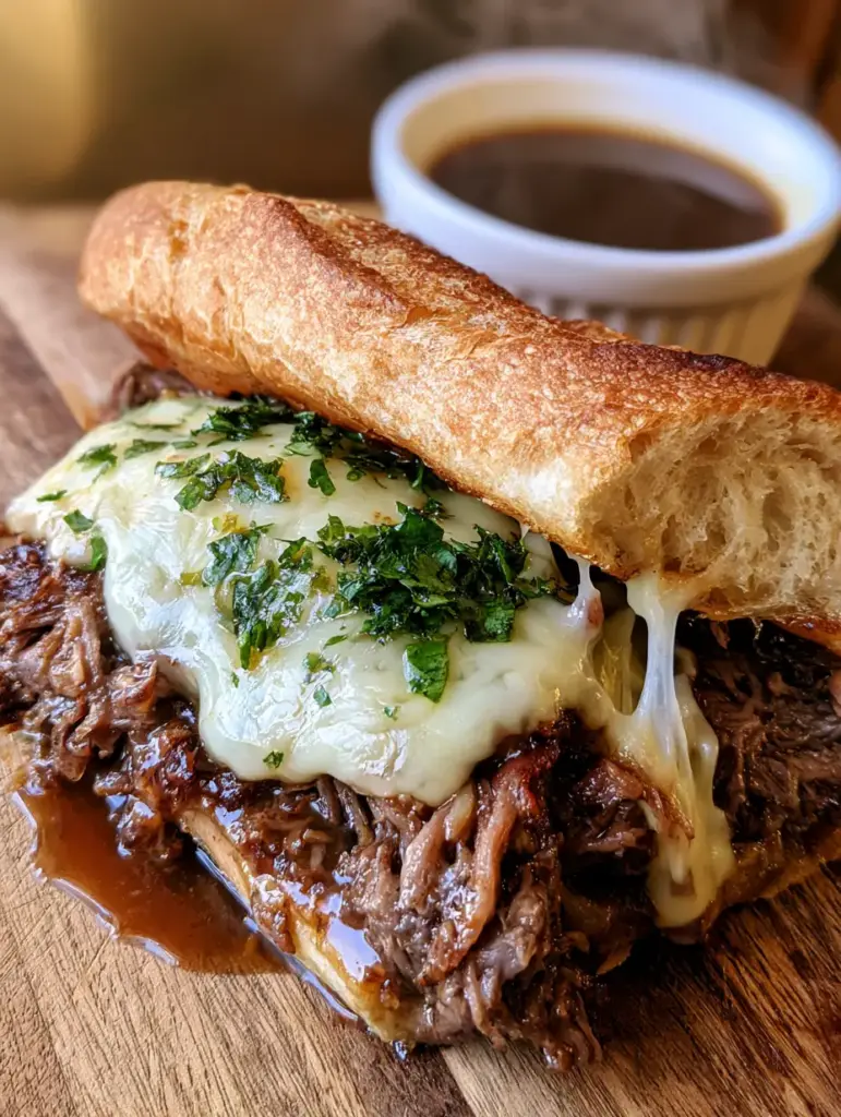 French Dip Sandwiches with Melted Provolone and Rich Au Jus 1 Toasted artisan hoagie roll filled with shredded beef and bubbling provolone, garnished with parsley.