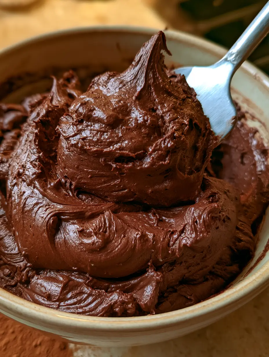 Close up of a silver spatula scooping thick, airy chocolate whipped frosting from a ceramic bowl. (chocolate whipped frosting)