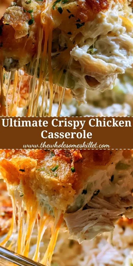 A close-up of a chicken salad casserole featuring a thick, irregular potato chip crust and a dramatic scoop revealing melted cheese strings.