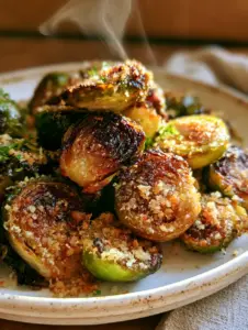 Close up photo of roasted brussels sprouts showcasing deep golden-brown caramelized edges and steam.