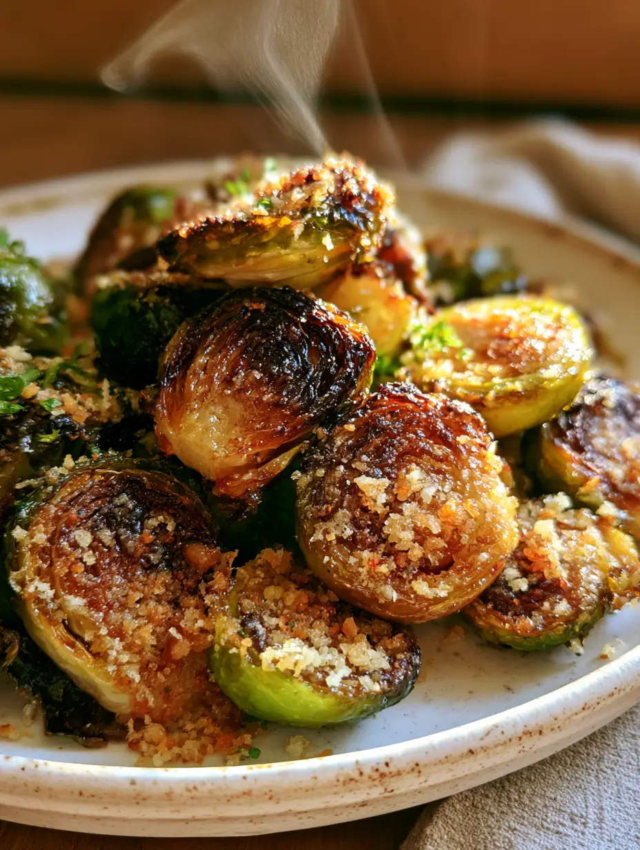 Roasted Brussels Sprouts: The Secret to Crispy, Caramelized Perfection 3 Close up photo of roasted brussels sprouts showcasing deep golden-brown caramelized edges and steam.