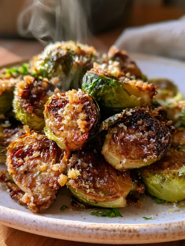 Roasted Brussels Sprouts: The Secret to Crispy, Caramelized Perfection 1 Handheld smartphone photo of roasted brussels sprouts generously coated in parmesan cheese and parsley.