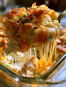 Dynamic shot of a chicken salad casserole scoop being lifted with melted cheese stretching between the dish and the spoon.