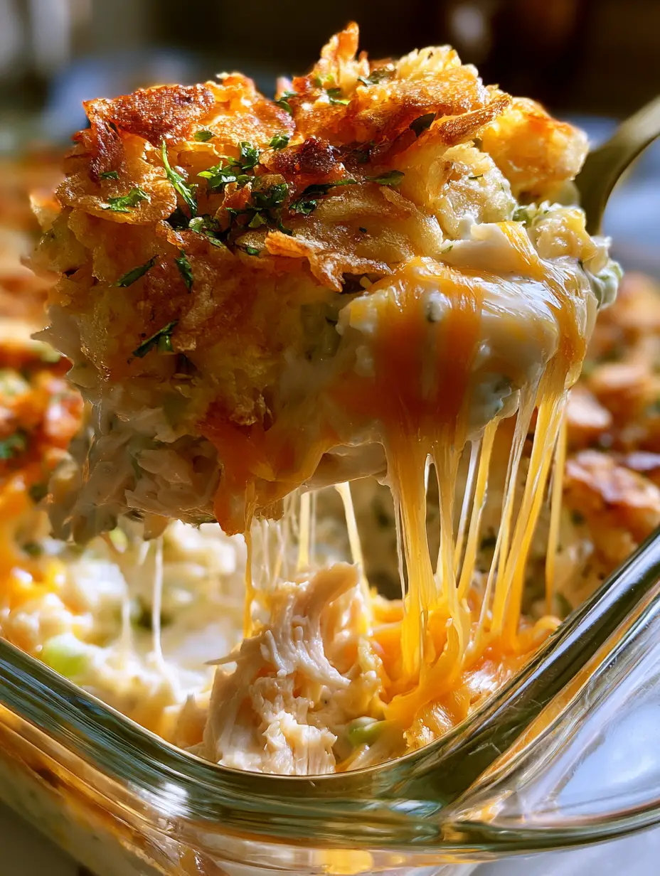 Dynamic shot of a chicken salad casserole scoop being lifted with melted cheese stretching between the dish and the spoon.
