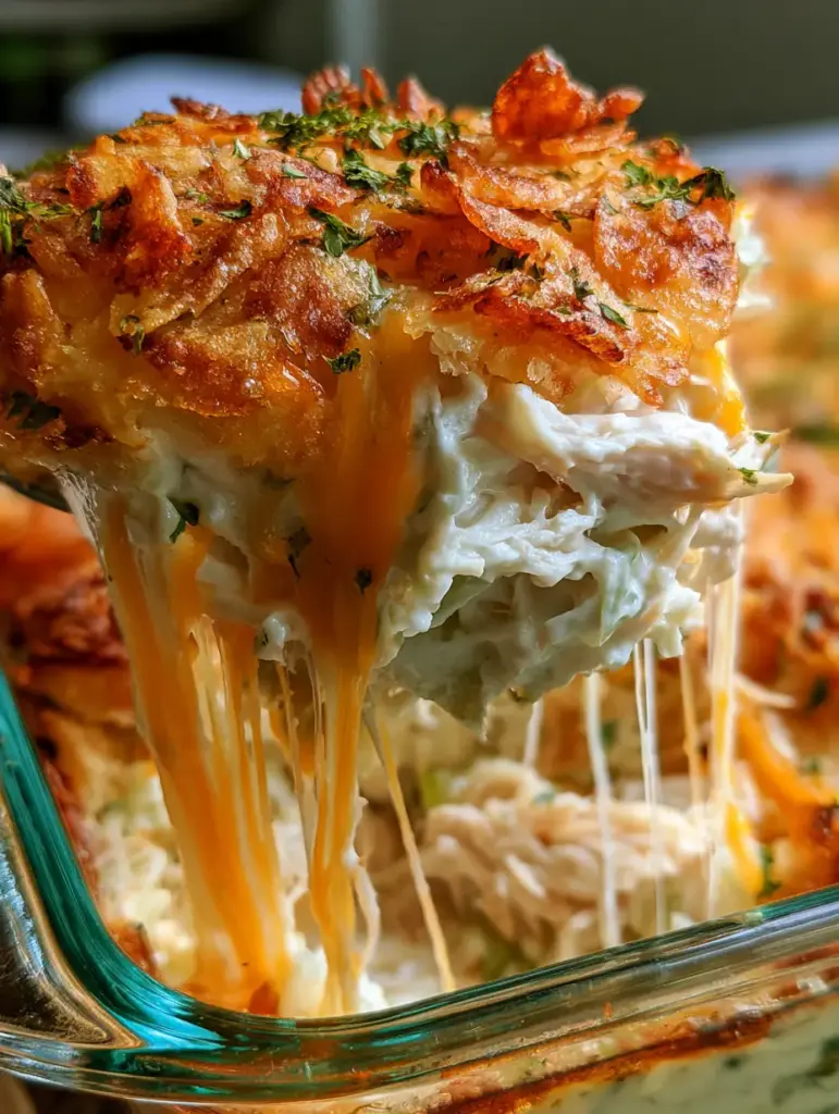 Top view of a chicken salad casserole showing the golden-brown potato chip topping and fresh green parsley flakes.