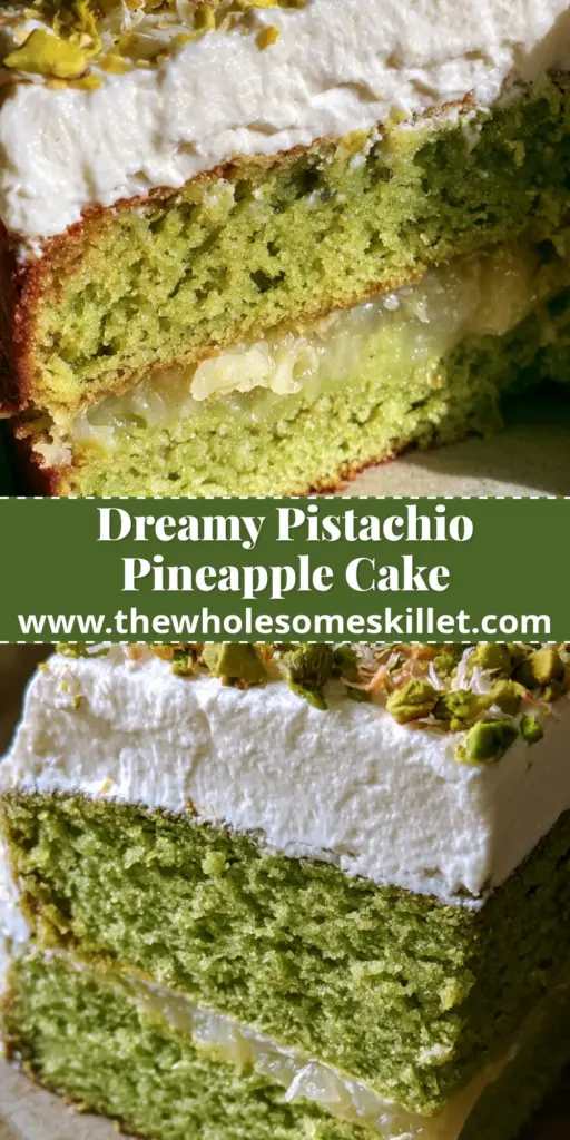 A close-up slice of pistachio pineapple cake showing clear layers of green cake, pineapple, and whipped cream topping.