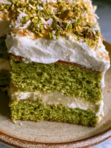 A hyperrealistic photo of a pistachio pineapple cake slice on a rustic ceramic plate in soft morning light.
