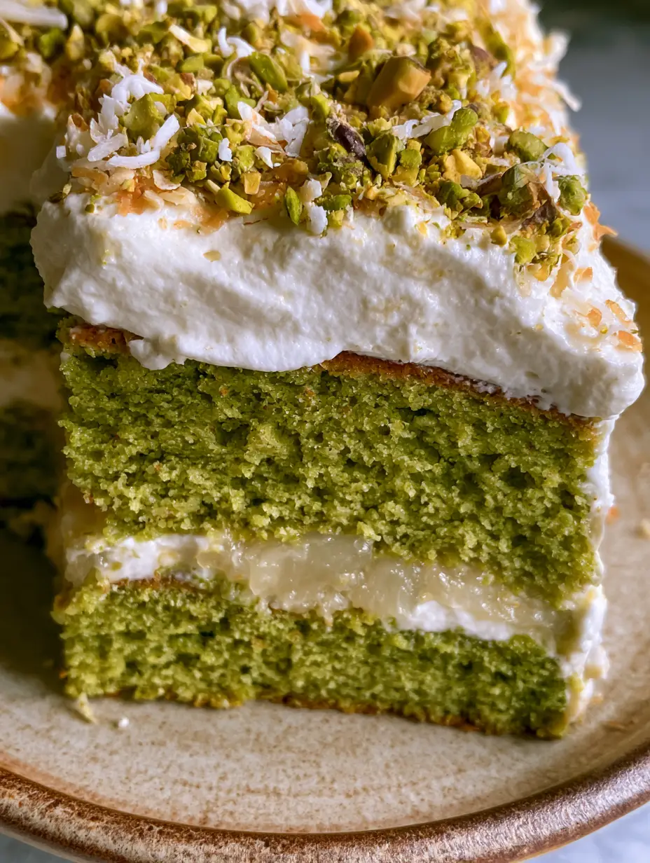 A hyperrealistic photo of a pistachio pineapple cake slice on a rustic ceramic plate in soft morning light.