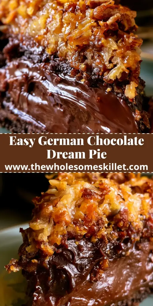 German Chocolate Pie with Dark Chocolate Ganache and Toasted Coconut 4 A tall slice of german chocolate pie with layers of dark cookie crust, dark ganache, and golden coconut pecan frosting on a white plate.