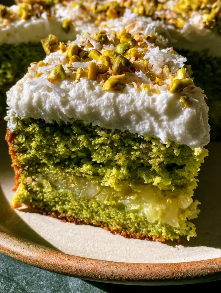Overhead close-up of pistachio pineapple cake with chopped pistachios and toasted coconut flakes.