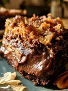 Close-up of german chocolate pie slice showing thick glossy ganache and toasted coconut topping glistening with caramel.