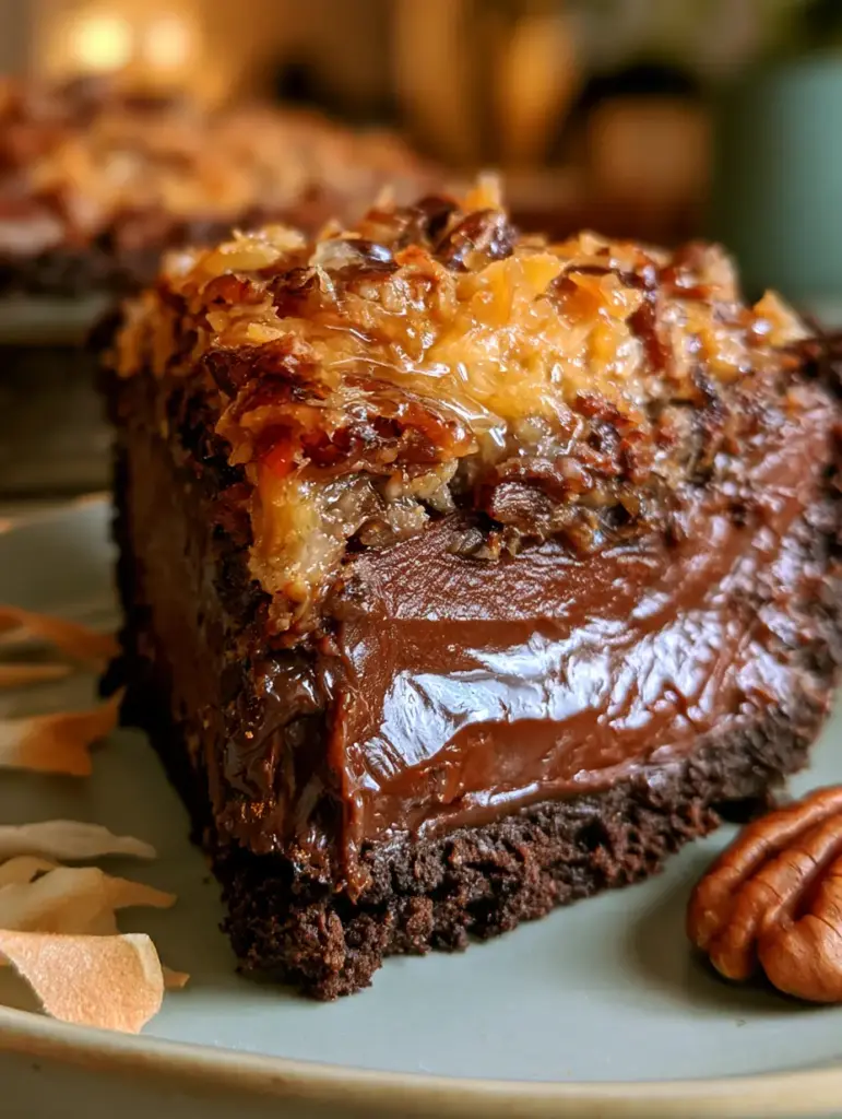 German Chocolate Pie with Dark Chocolate Ganache and Toasted Coconut 1 A handheld smartphone photo of a german chocolate pie slice with a whole pecan garnish in a cozy kitchen setting.